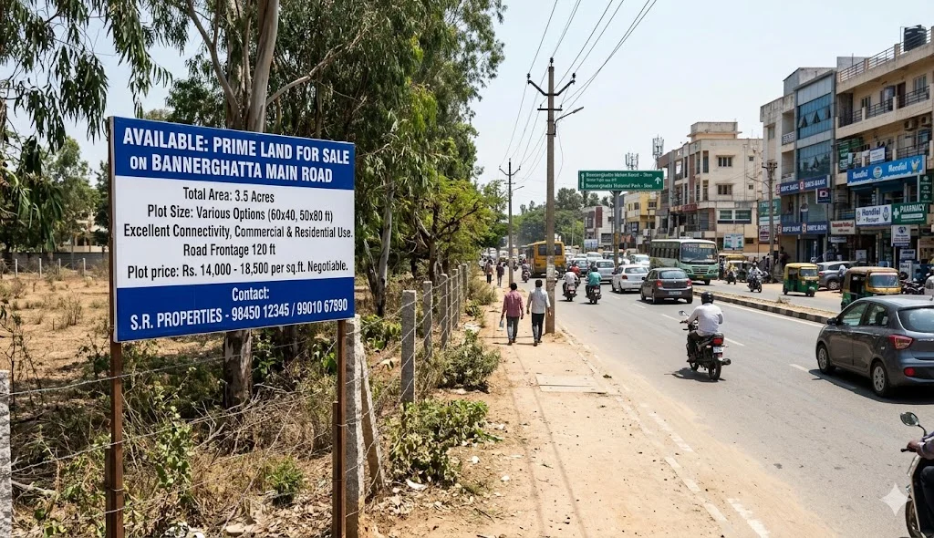 Chart showing property value appreciation and land rates per square foot on Bannerghatta Main Road near NICE Road and Gottigere Metro.